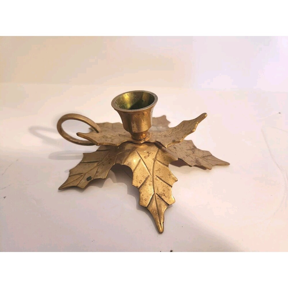 Vintage Holly Leaf Solid Brass Candlestick Christmas Taper Candle Holder 5.75"